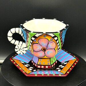 Vintage Studio Designworks Whimsical Hand Painted Ceramic Cup and Saucer